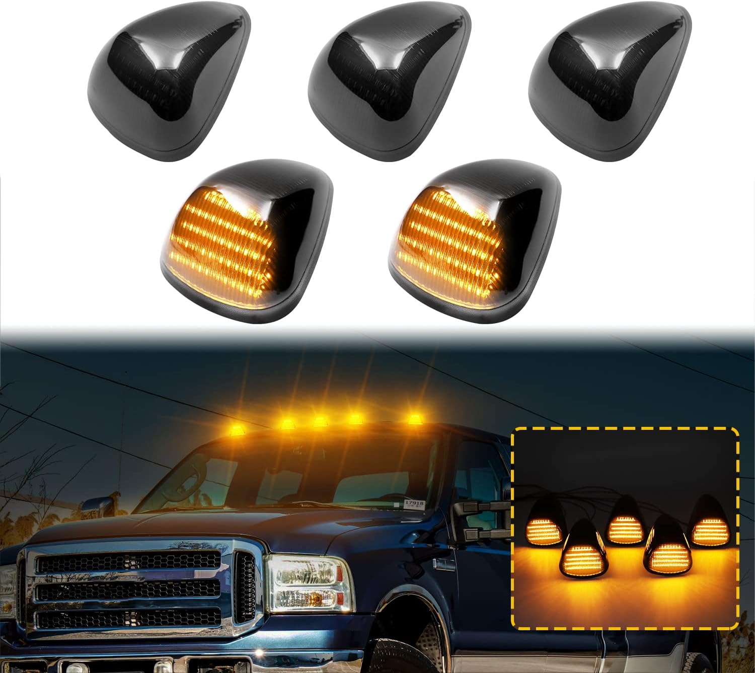 1999-2016 Ford F250 Super Duty Clear Smoked White Amber LED Roof Cab Lights